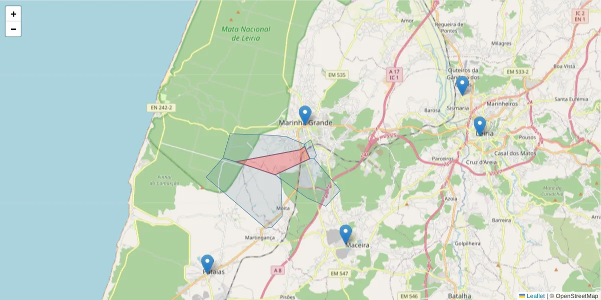 Mapa detalhado do código postal 2430-308 com limites, códigos postais vizinhos e agências dos correios