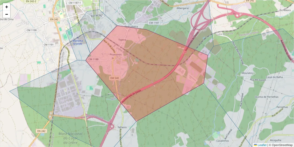 Mapa detalhado do código postal 2430-454 com limites, códigos postais vizinhos e agências dos correios