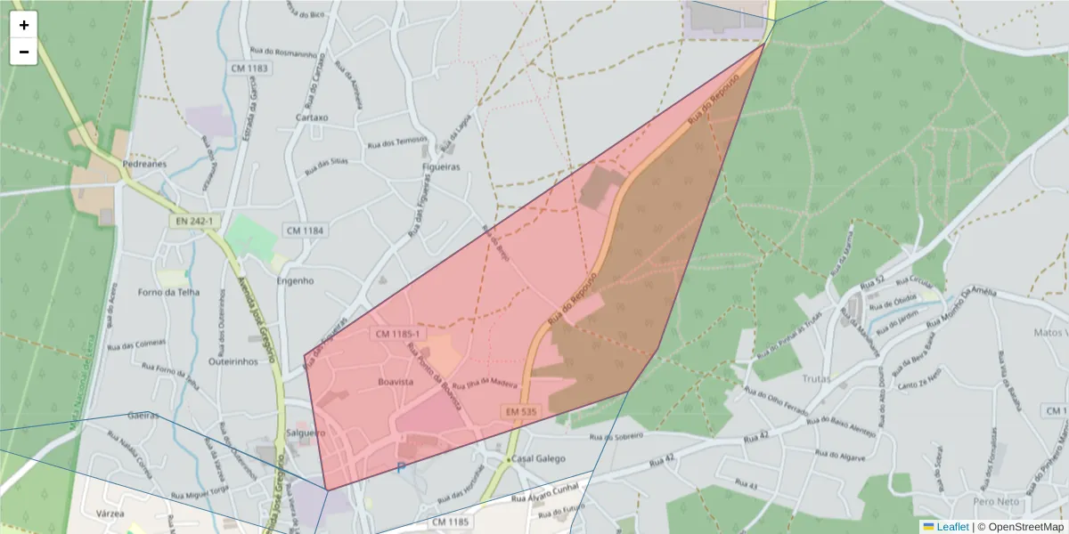 Mapa detalhado do código postal 2430-475 com limites, códigos postais vizinhos e agências dos correios