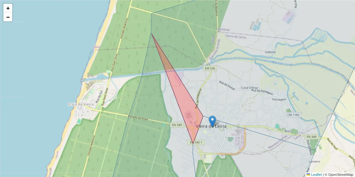 Mapa detalhado do código postal 2430-725 com limites, códigos postais vizinhos e agências dos correios