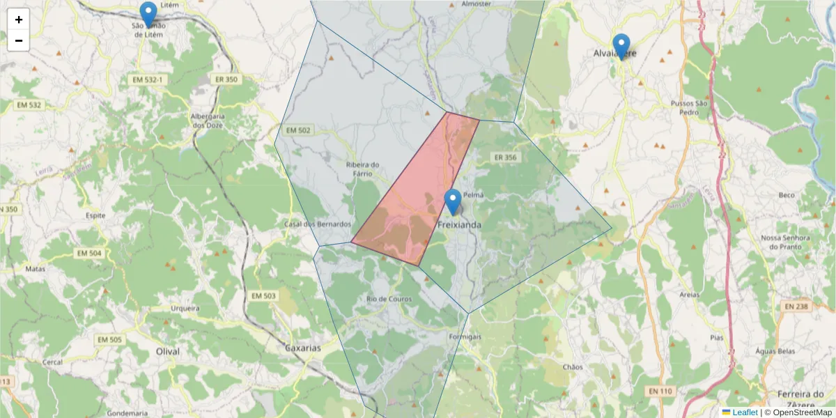 Mapa detalhado do código postal 2435-310 com limites, códigos postais vizinhos e agências dos correios