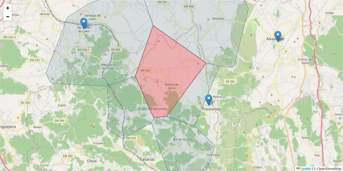 Mapa detalhado do código postal 2435-504 com limites, códigos postais vizinhos e agências dos correios
