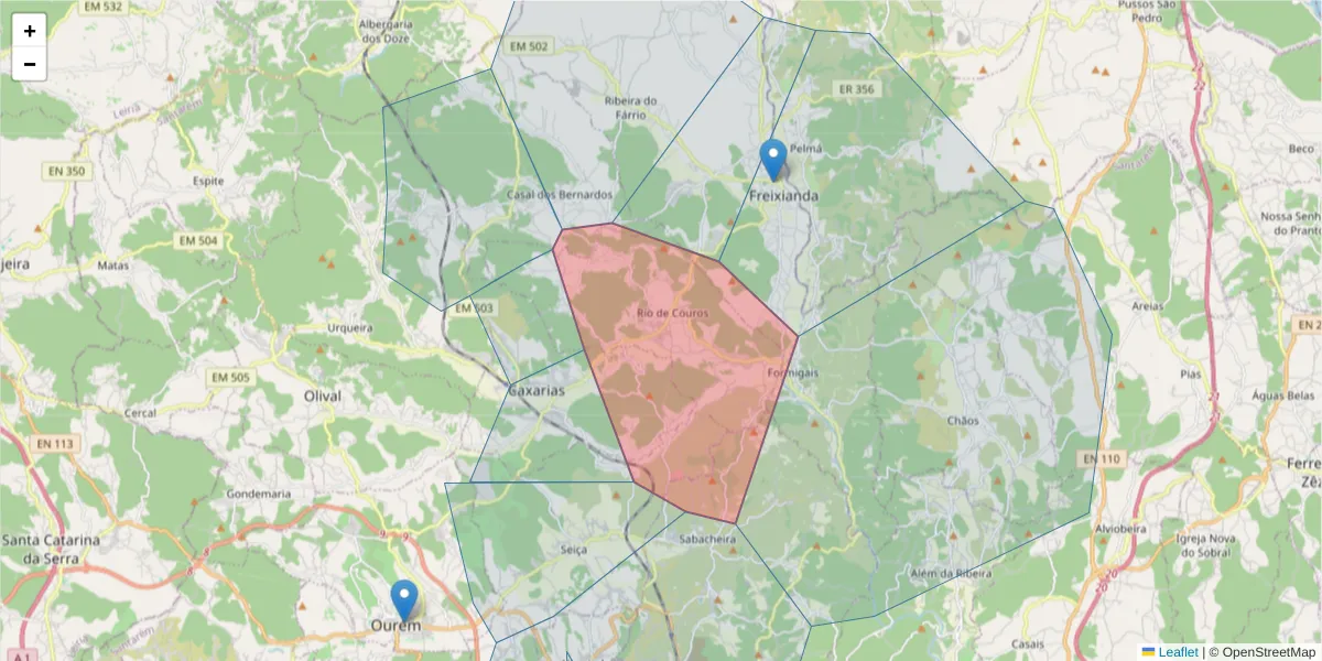 Mapa detalhado do código postal 2435-530 com limites, códigos postais vizinhos e agências dos correios
