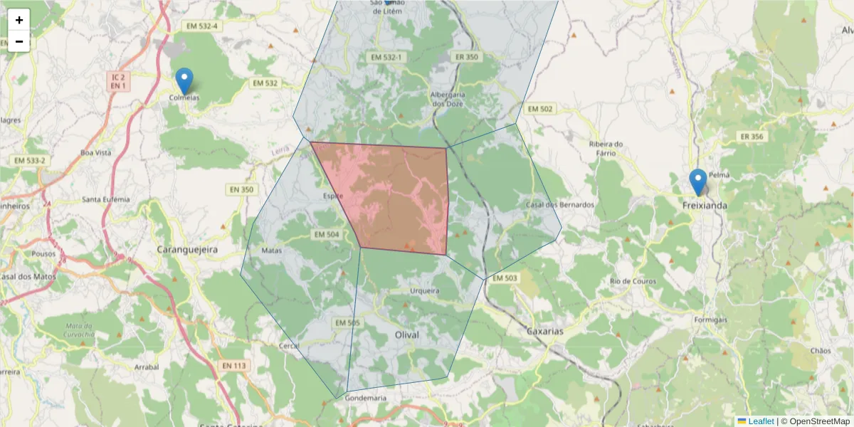 Mapa detalhado do código postal 2435-690 com limites, códigos postais vizinhos e agências dos correios