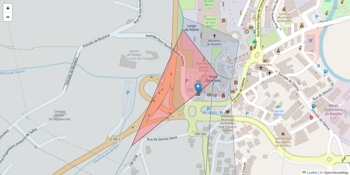 Mapa detalhado do código postal 2440-102 com limites, códigos postais vizinhos e agências dos correios