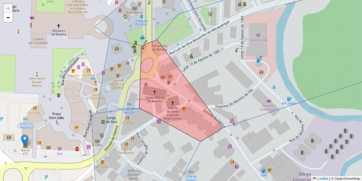 Mapa detalhado do código postal 2440-105 com limites, códigos postais vizinhos e agências dos correios