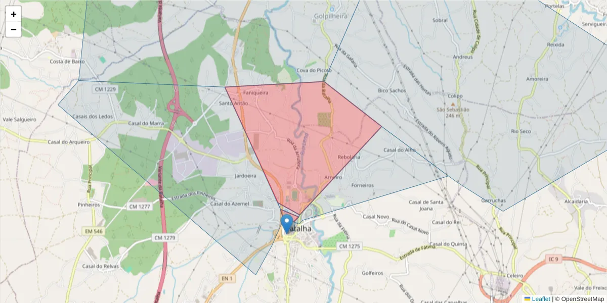 Mapa detalhado do código postal 2440-121 com limites, códigos postais vizinhos e agências dos correios