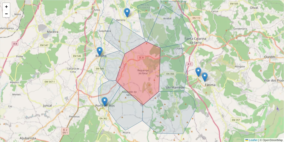 Mapa detalhado do código postal 2440-208 com limites, códigos postais vizinhos e agências dos correios