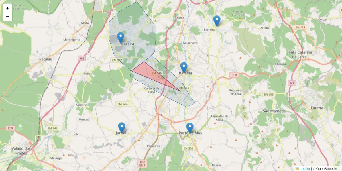 Mapa detalhado do código postal 2440-462 com limites, códigos postais vizinhos e agências dos correios