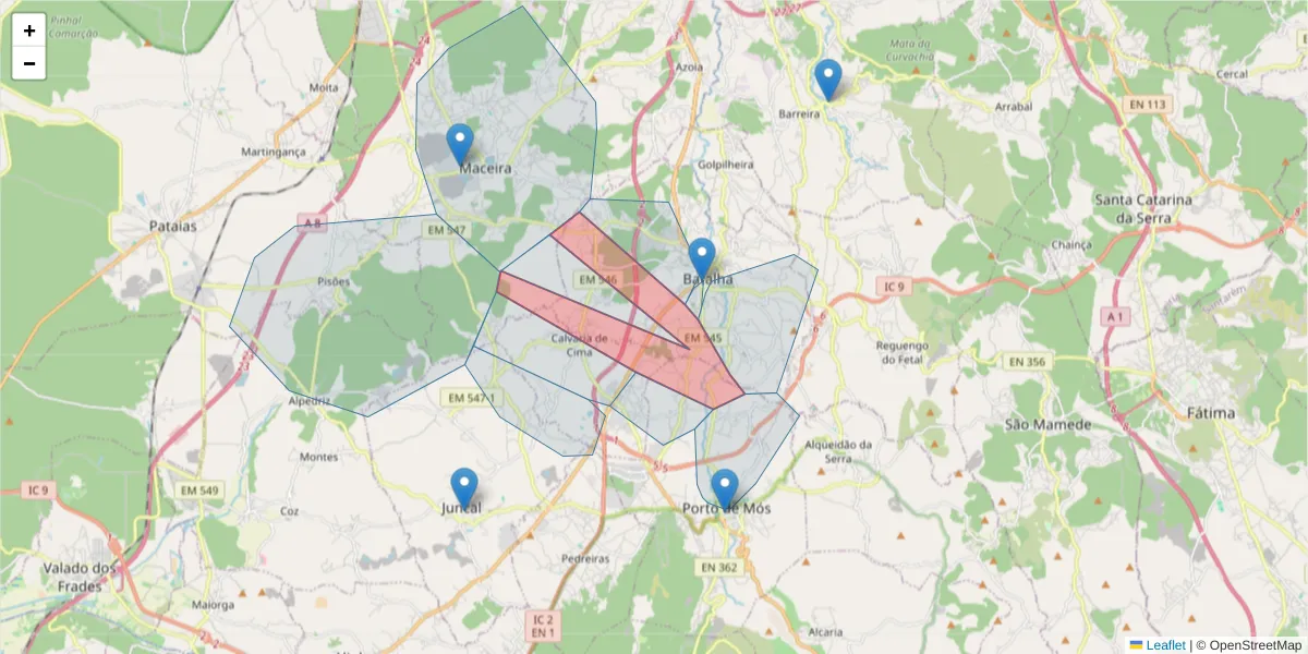Mapa detalhado do código postal 2440-477 com limites, códigos postais vizinhos e agências dos correios