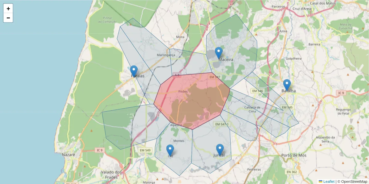 Mapa detalhado do código postal 2445-000 com limites, códigos postais vizinhos e agências dos correios