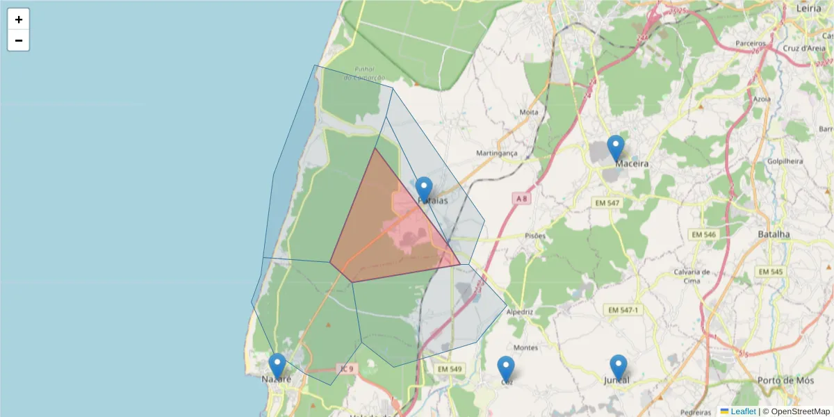 Mapa detalhado do código postal 2445-261 com limites, códigos postais vizinhos e agências dos correios
