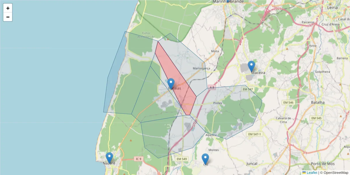 Mapa detalhado do código postal 2445-267 com limites, códigos postais vizinhos e agências dos correios