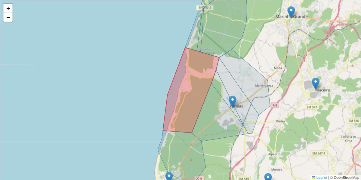 Mapa detalhado do código postal 2445-526 com limites, códigos postais vizinhos e agências dos correios
