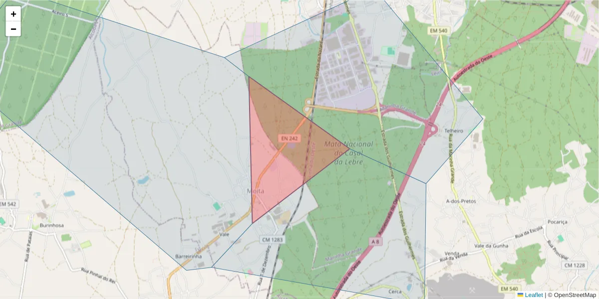 Mapa detalhado do código postal 2445-580 com limites, códigos postais vizinhos e agências dos correios
