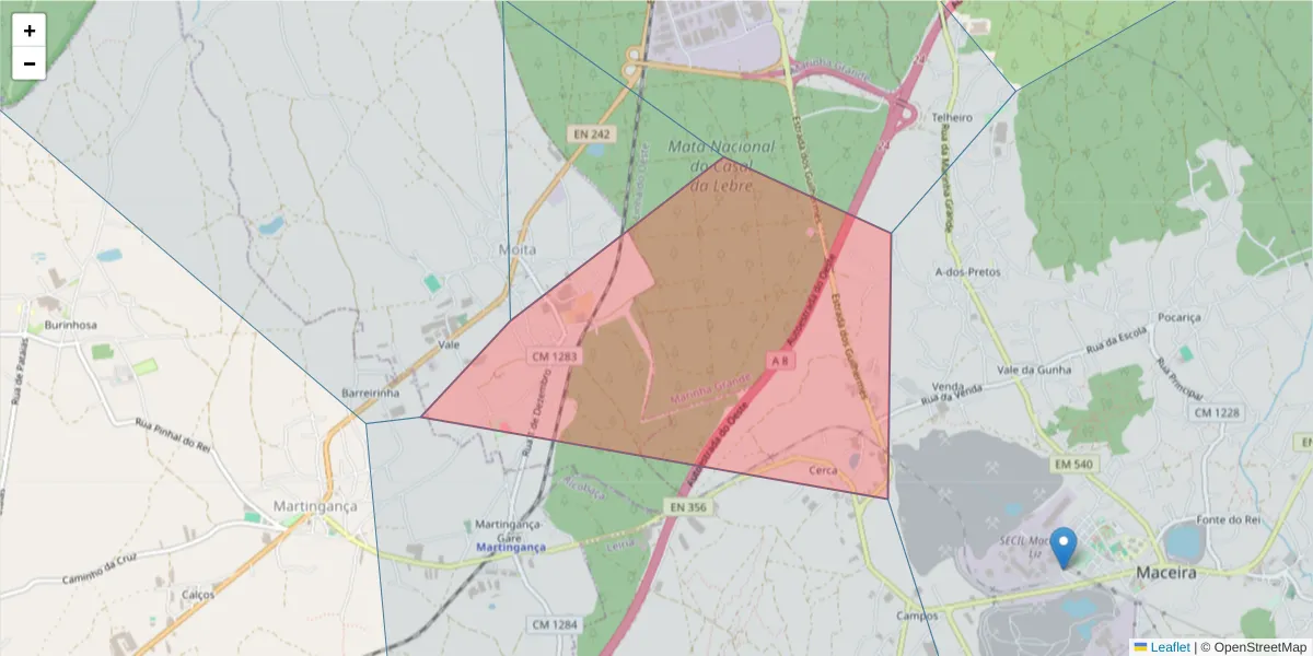 Mapa detalhado do código postal 2445-589 com limites, códigos postais vizinhos e agências dos correios