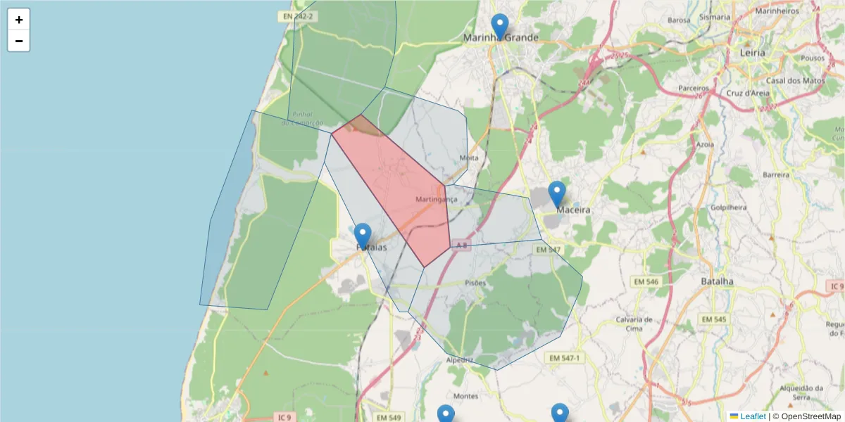 Mapa detalhado do código postal 2445-701 com limites, códigos postais vizinhos e agências dos correios