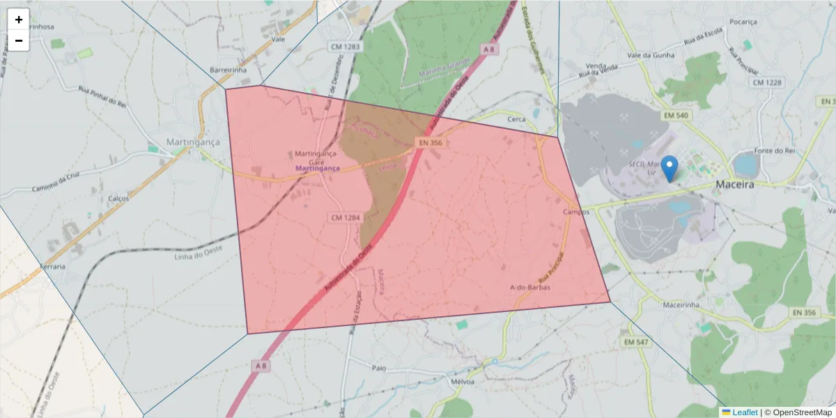 Mapa detalhado do código postal 2445-761 com limites, códigos postais vizinhos e agências dos correios