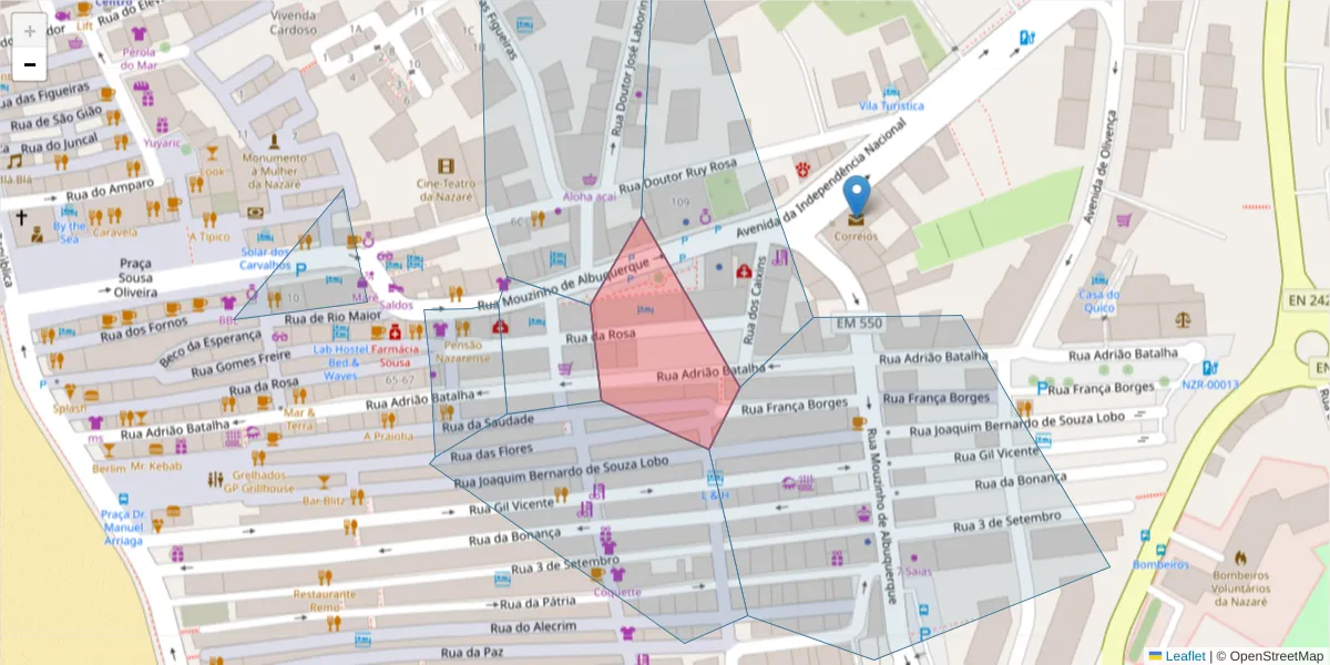 Mapa detalhado do código postal 2450-139 com limites, códigos postais vizinhos e agências dos correios