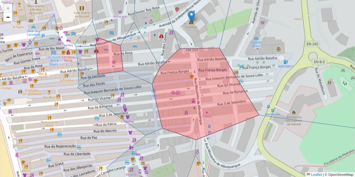 Mapa detalhado do código postal 2450-253 com limites, códigos postais vizinhos e agências dos correios