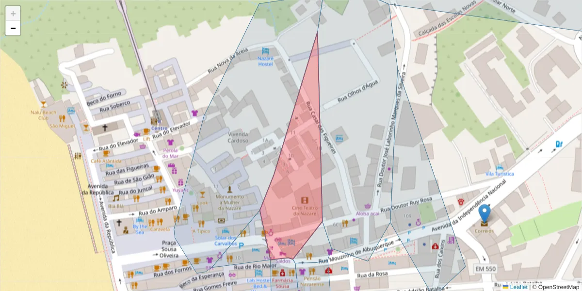 Mapa detalhado do código postal 2450-256 com limites, códigos postais vizinhos e agências dos correios
