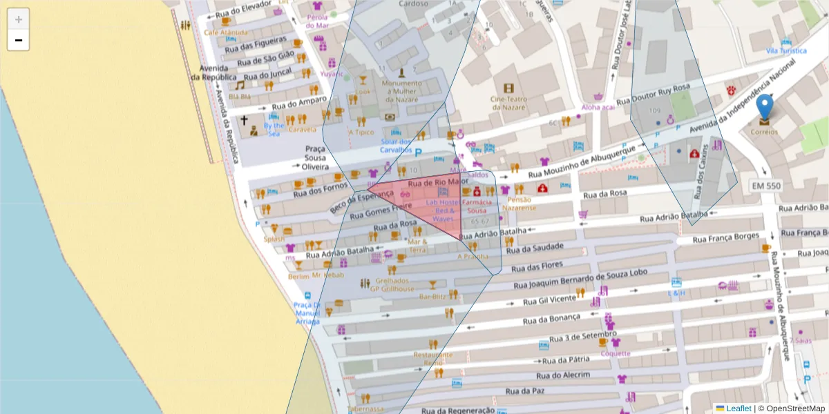 Mapa detalhado do código postal 2450-263 com limites, códigos postais vizinhos e agências dos correios
