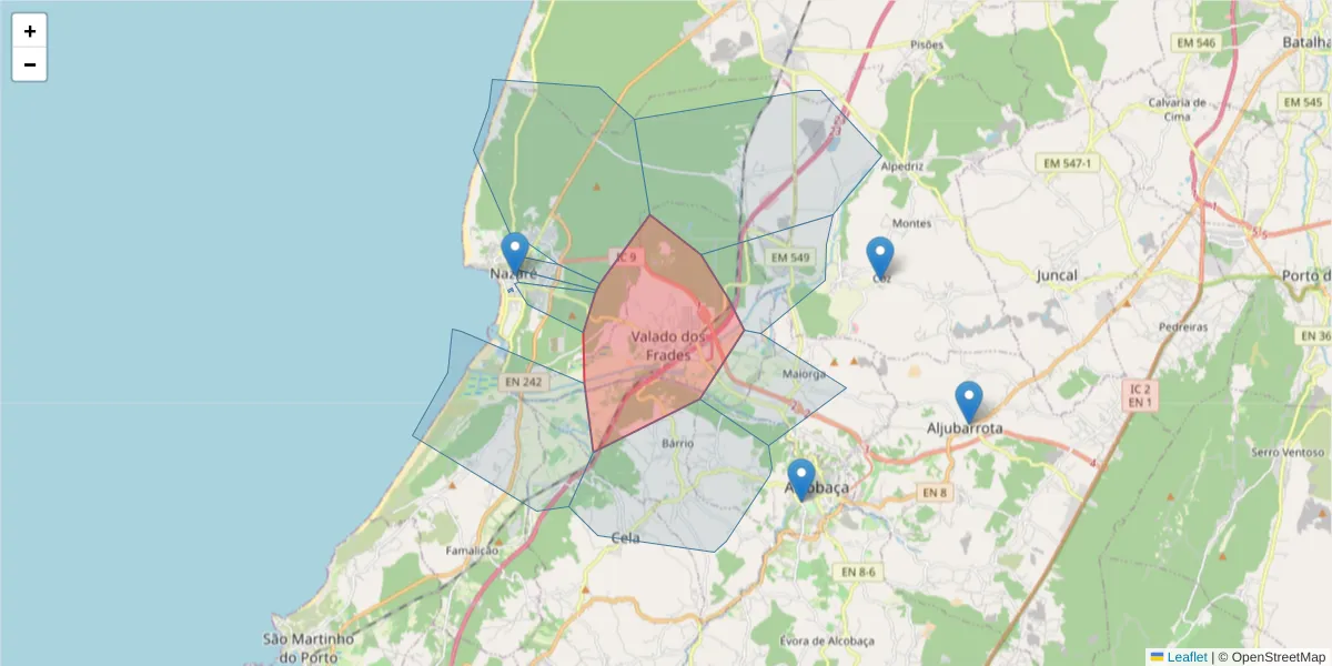 Mapa detalhado do código postal 2450-303 com limites, códigos postais vizinhos e agências dos correios