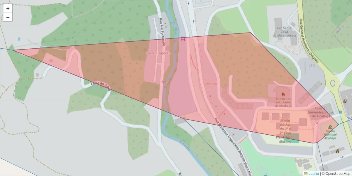 Mapa detalhado do código postal 2460-009 com limites, códigos postais vizinhos e agências dos correios