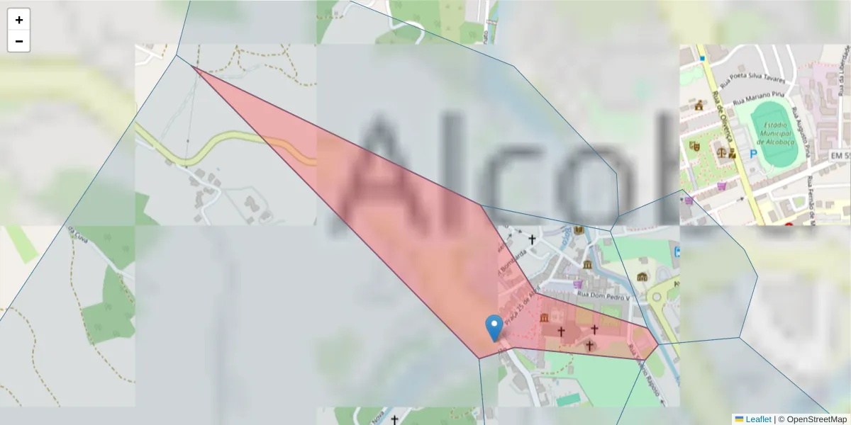 Mapa detalhado do código postal 2460-018 com limites, códigos postais vizinhos e agências dos correios
