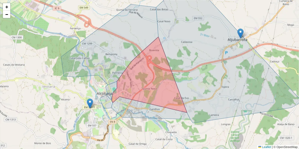 Mapa detalhado do código postal 2460-020 com limites, códigos postais vizinhos e agências dos correios