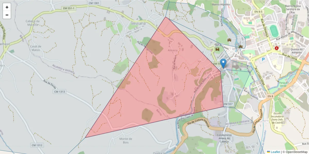 Mapa detalhado do código postal 2460-026 com limites, códigos postais vizinhos e agências dos correios