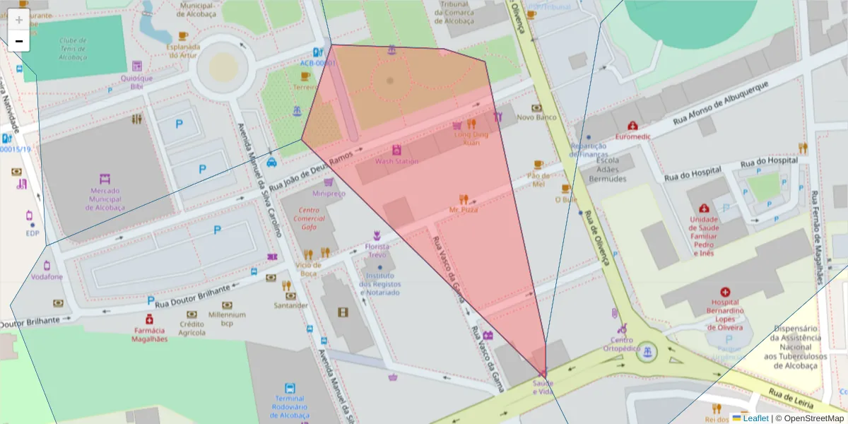 Mapa detalhado do código postal 2460-055 com limites, códigos postais vizinhos e agências dos correios