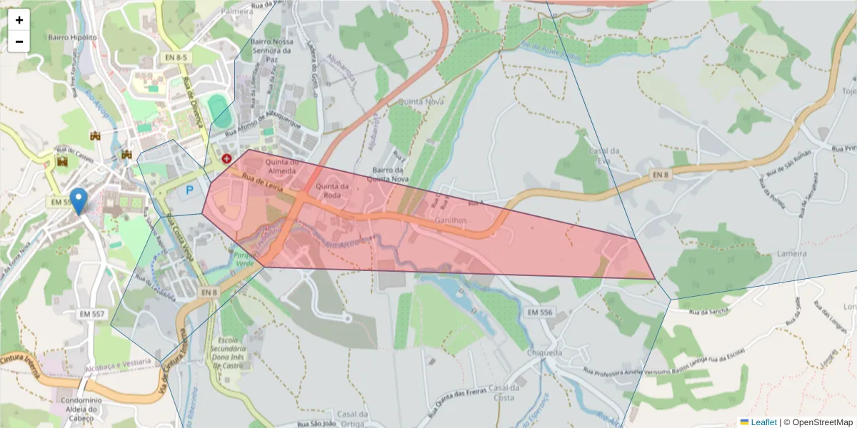 Mapa detalhado do código postal 2460-059 com limites, códigos postais vizinhos e agências dos correios