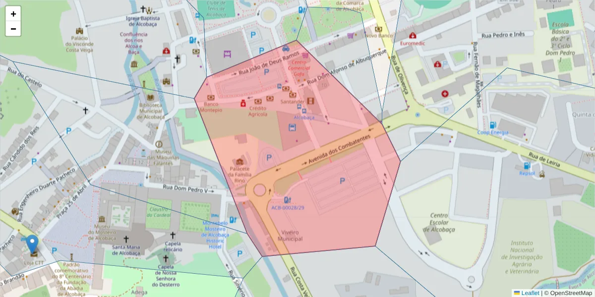 Mapa detalhado do código postal 2460-062 com limites, códigos postais vizinhos e agências dos correios