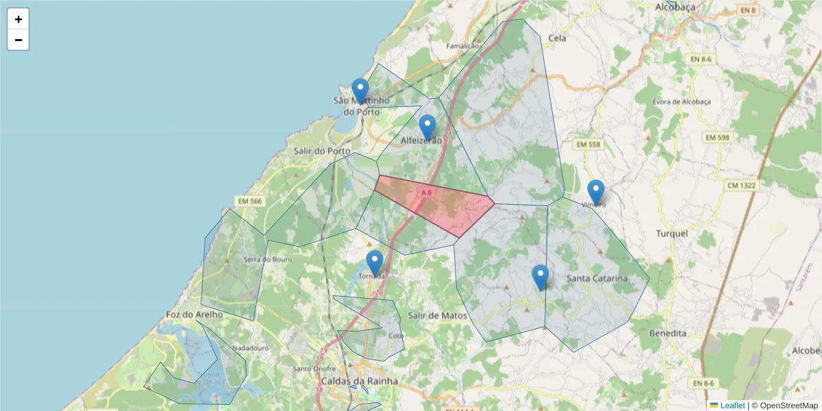 Mapa detalhado do código postal 2460-209 com limites, códigos postais vizinhos e agências dos correios