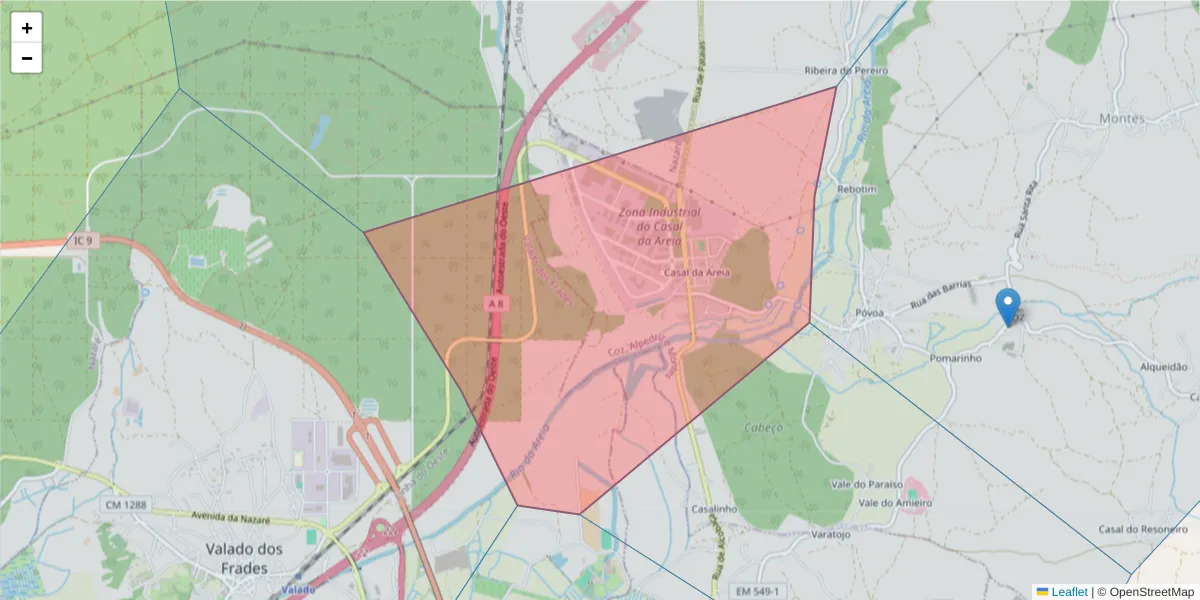 Mapa detalhado do código postal 2460-392 com limites, códigos postais vizinhos e agências dos correios