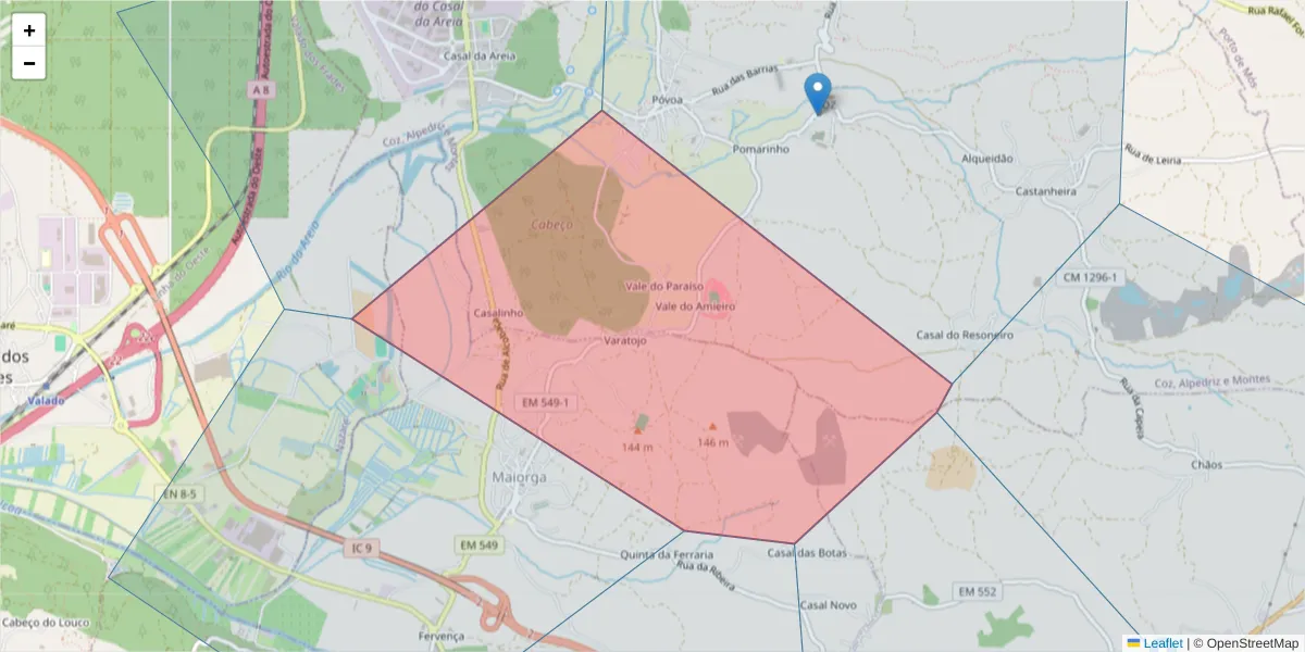 Mapa detalhado do código postal 2460-453 com limites, códigos postais vizinhos e agências dos correios