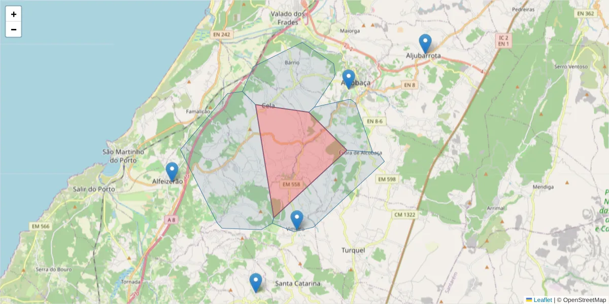 Mapa detalhado do código postal 2460-471 com limites, códigos postais vizinhos e agências dos correios