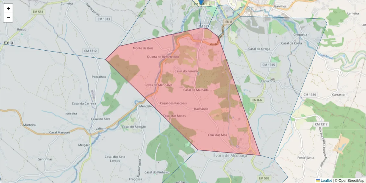 Mapa detalhado do código postal 2460-477 com limites, códigos postais vizinhos e agências dos correios