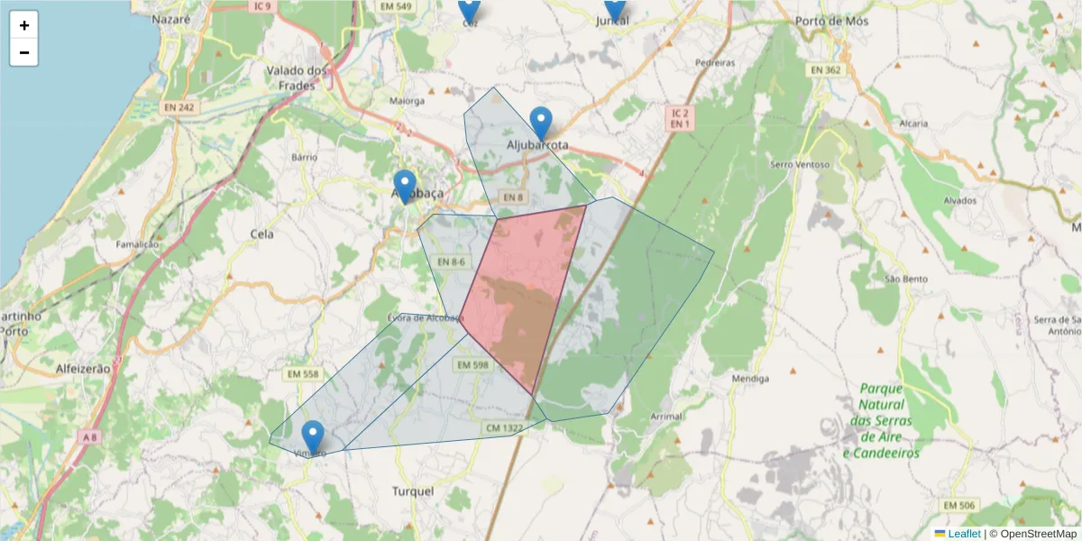 Mapa detalhado do código postal 2460-613 com limites, códigos postais vizinhos e agências dos correios