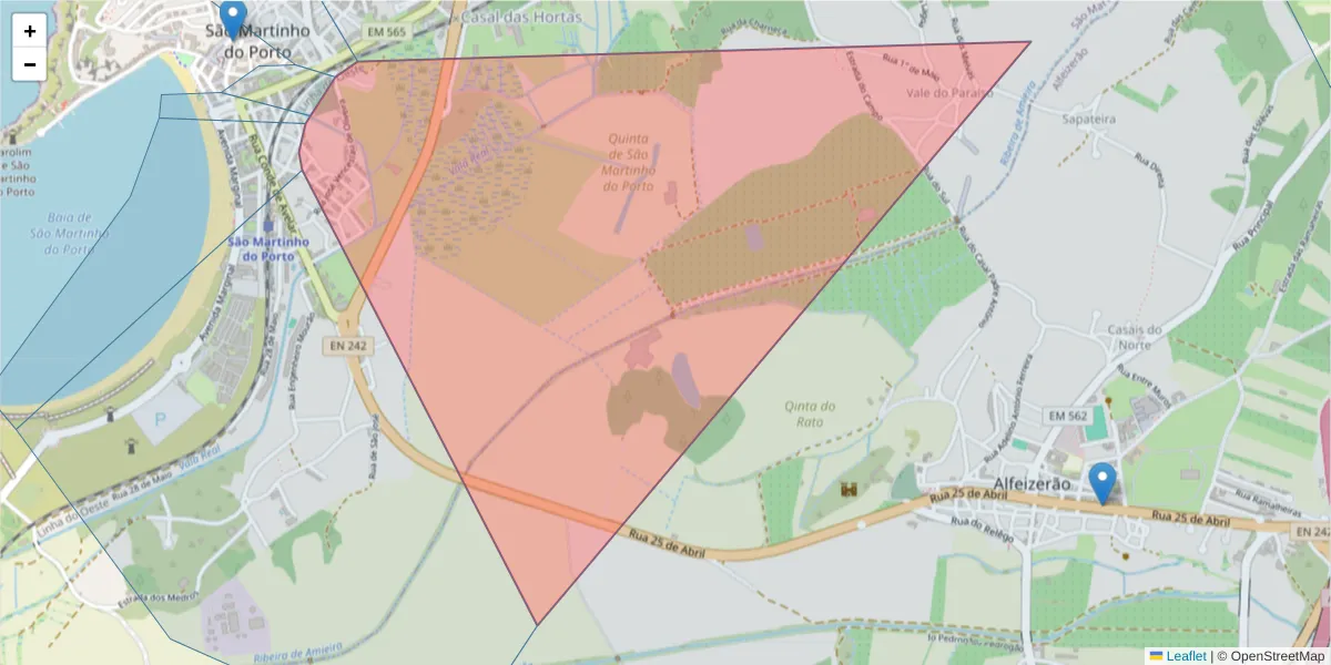 Mapa detalhado do código postal 2460-660 com limites, códigos postais vizinhos e agências dos correios