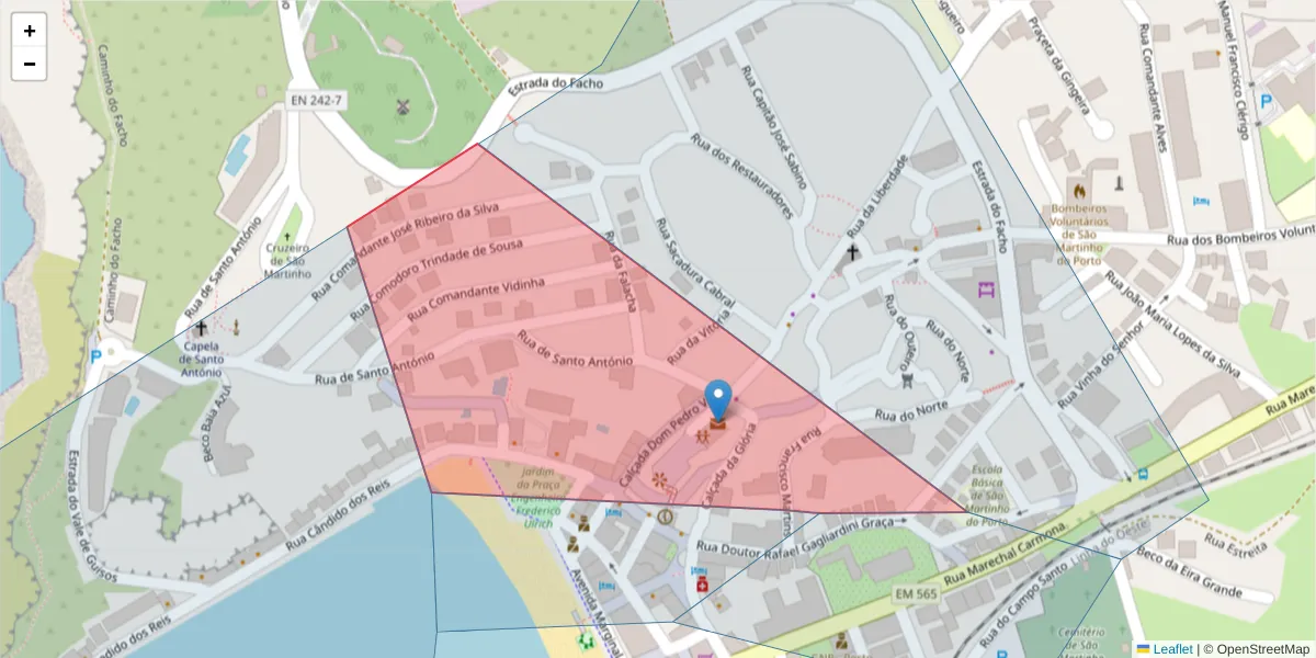 Mapa detalhado do código postal 2460-676 com limites, códigos postais vizinhos e agências dos correios