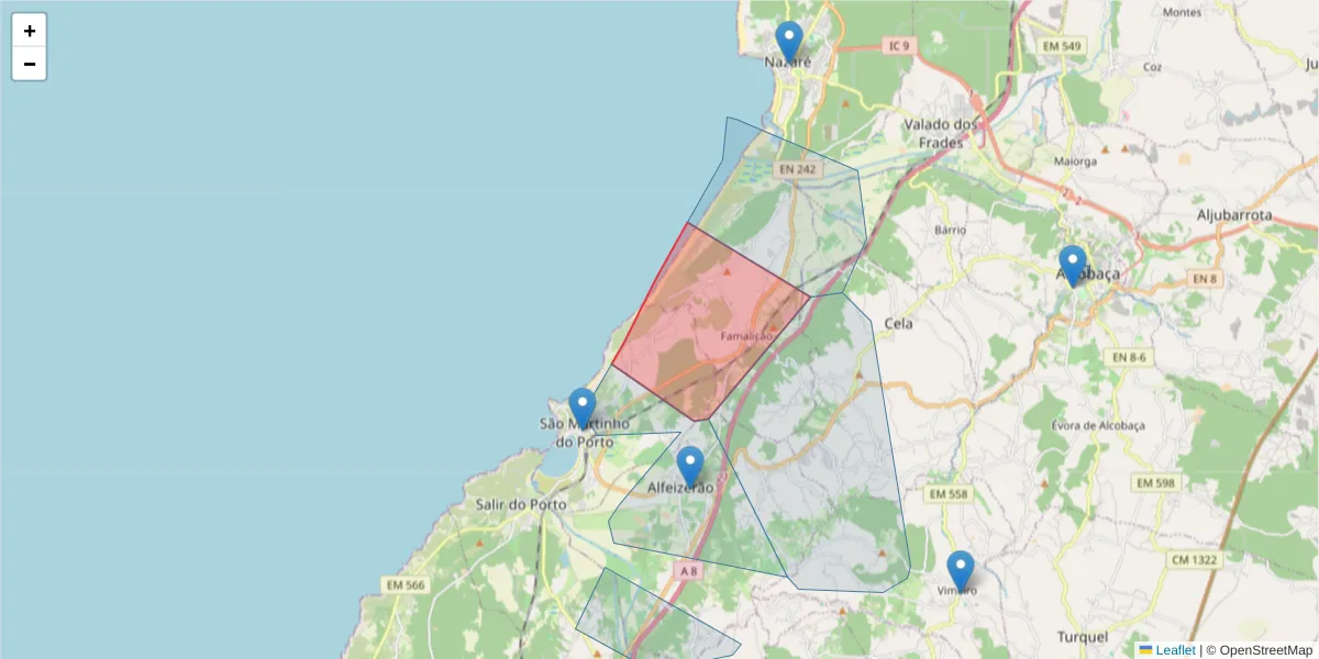 Mapa detalhado do código postal 2460-699 com limites, códigos postais vizinhos e agências dos correios