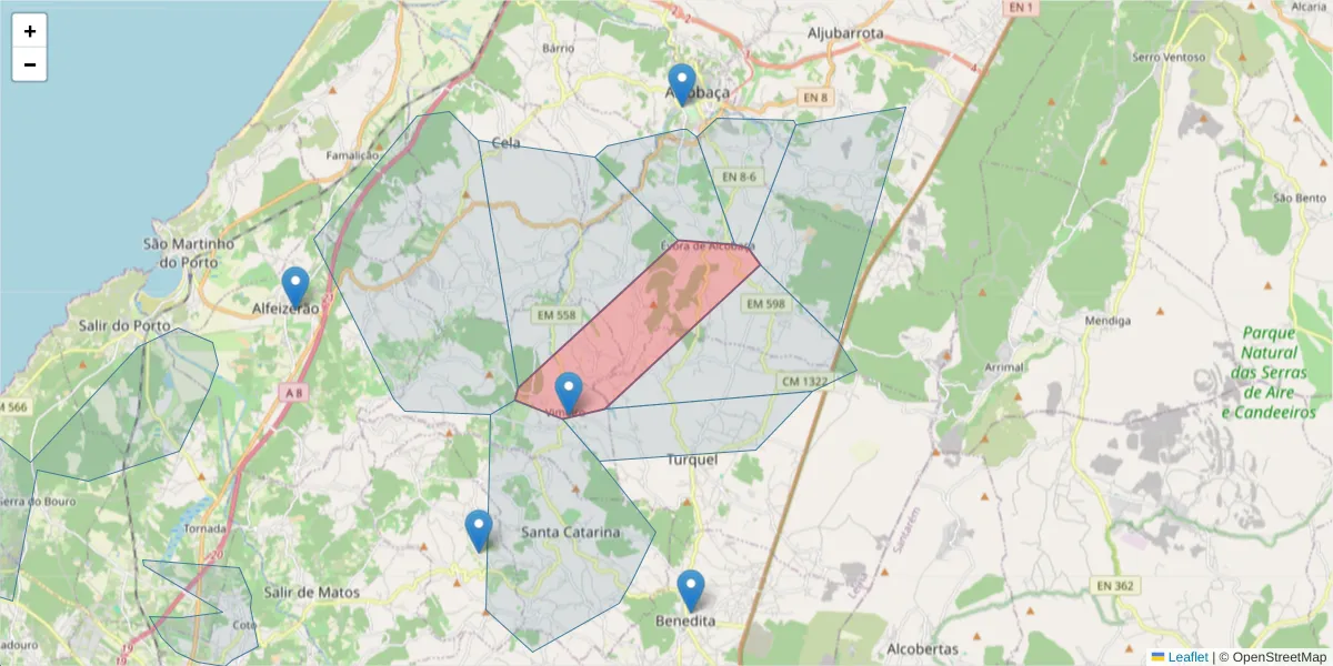Mapa detalhado do código postal 2460-786 com limites, códigos postais vizinhos e agências dos correios