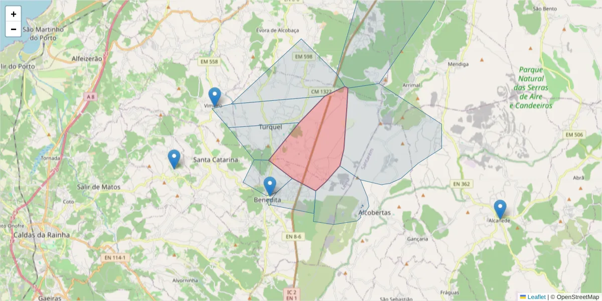 Mapa detalhado do código postal 2460-818 com limites, códigos postais vizinhos e agências dos correios