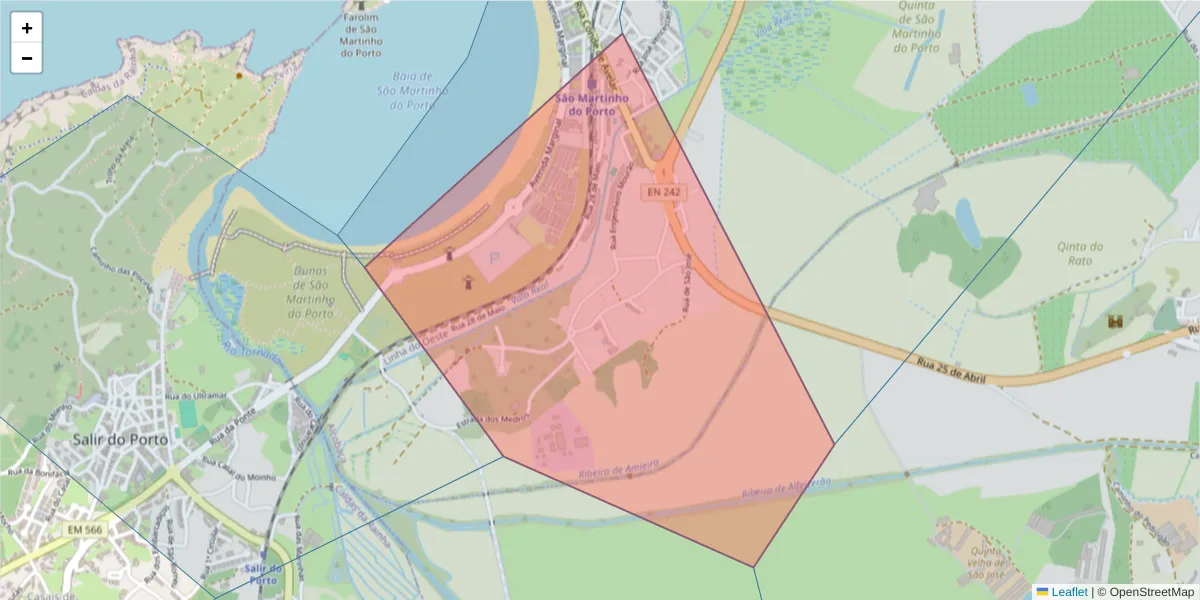 Mapa detalhado do código postal 2460-873 com limites, códigos postais vizinhos e agências dos correios