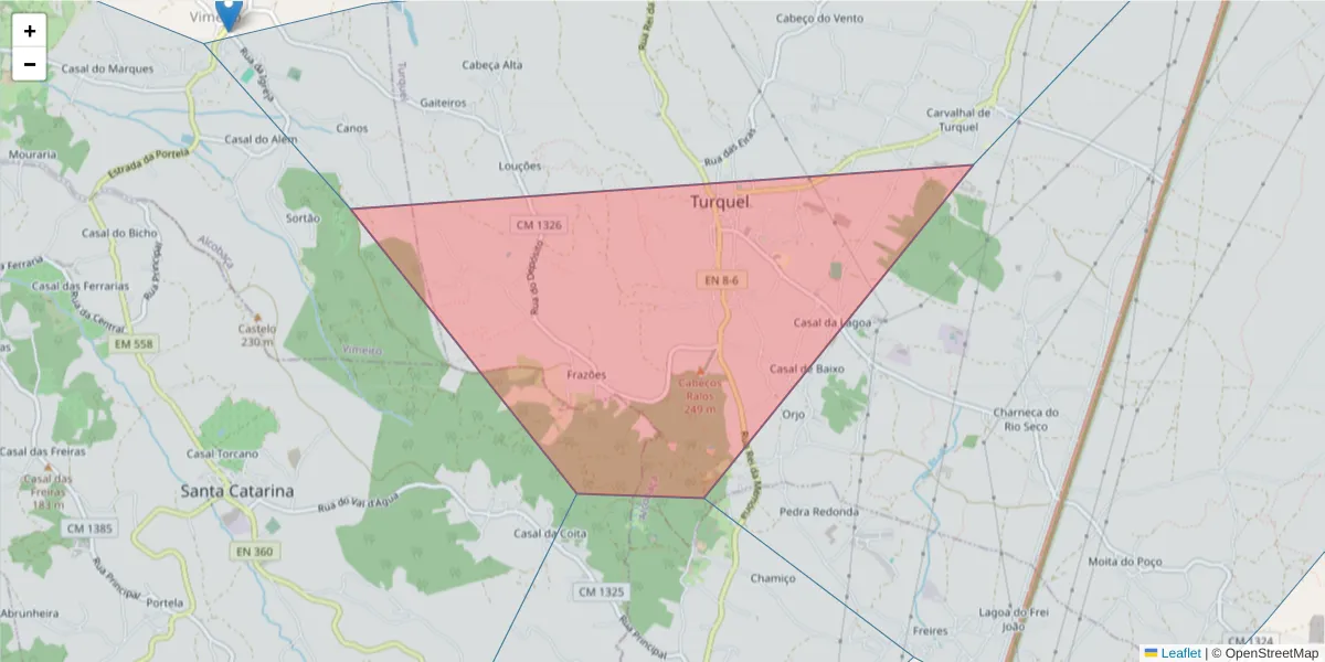 Mapa detalhado do código postal 2460-897 com limites, códigos postais vizinhos e agências dos correios