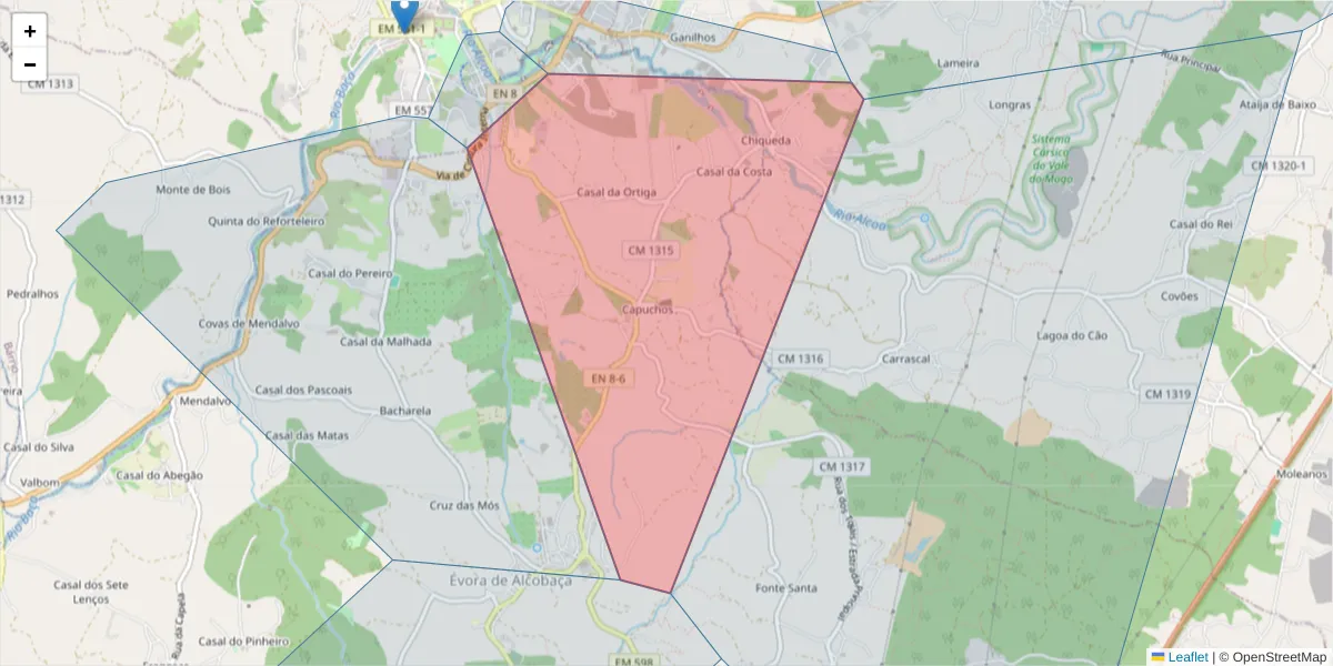 Mapa detalhado do código postal 2460-997 com limites, códigos postais vizinhos e agências dos correios