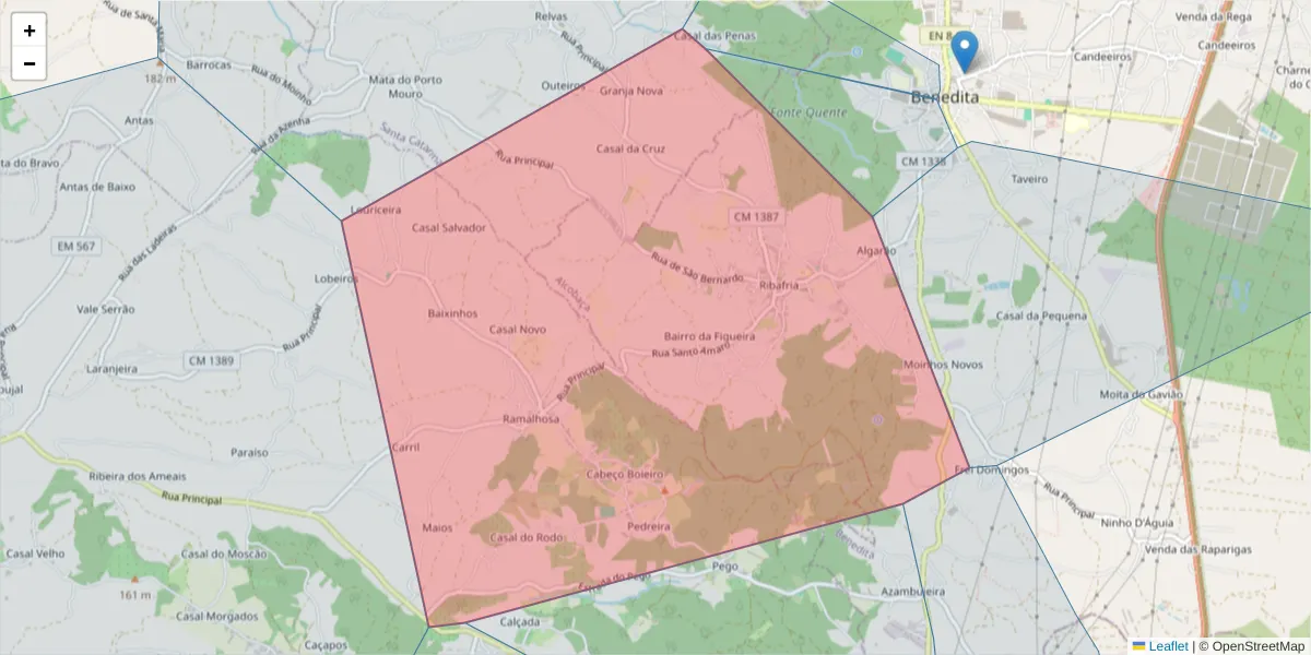 Mapa detalhado do código postal 2475-040 com limites, códigos postais vizinhos e agências dos correios