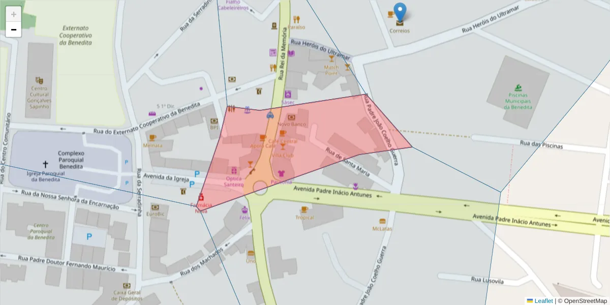 Mapa detalhado do código postal 2475-149 com limites, códigos postais vizinhos e agências dos correios